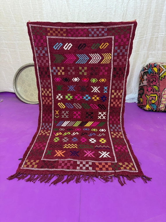 Handwoven Moroccan Kilim Rug – Burgundy Base with Colorful Amazigh Symbols | Tribal Boho Decor