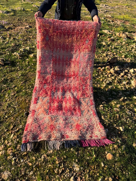 Vintage Moroccan Cat Rug ;Pink & Black Handmade Berber Wool Carpet, Folk Art Animal Design ;Vintage Style Moroccan Berber Rug with Black Cat