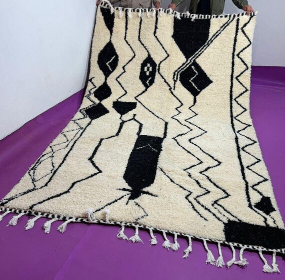Handmade Black and White Wool Berber Rug;Moroccan Abstract Carpet;Rug