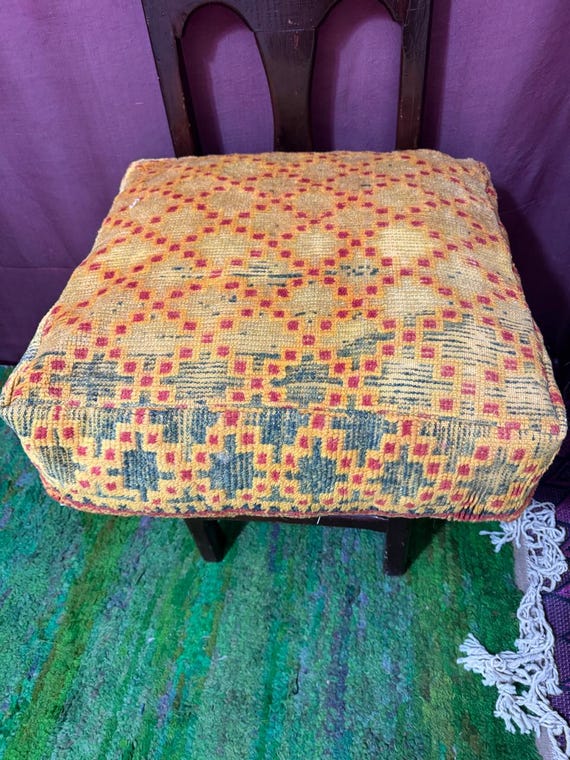 Vintage Moroccan Floor Pouf ;Handwoven Berber Cushion from Boujad Rug ;Boho Tribal Ottoman"