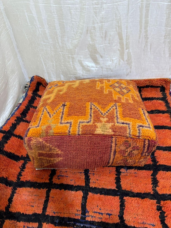 Vintage Moroccan Floor Pouf ;Handwoven Berber Cushion from Boujad Rug ;Boho Tribal Ottoman"