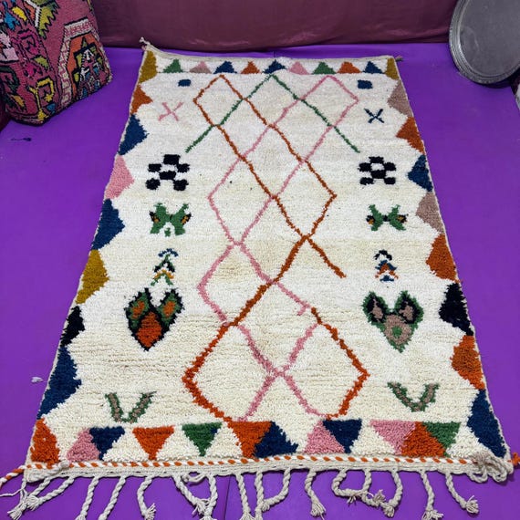 Funky Berber Rug;Moroccan Woolen Carpet;Azilal Beni Ouarain Style