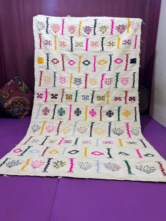 Handmade Moroccan Berber Rug ;Cream Wool Carpet with Colorful Amazigh Symbols ;Boho Decor ;Authentic Handwoven Moroccan Rug
