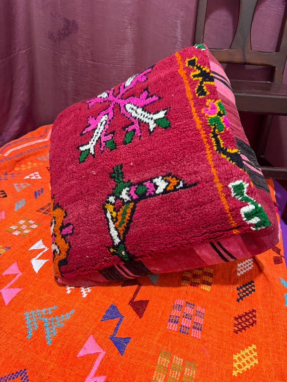 Handmade Moroccan Wool Pouf: Vintage Berber Ottoman Pillow