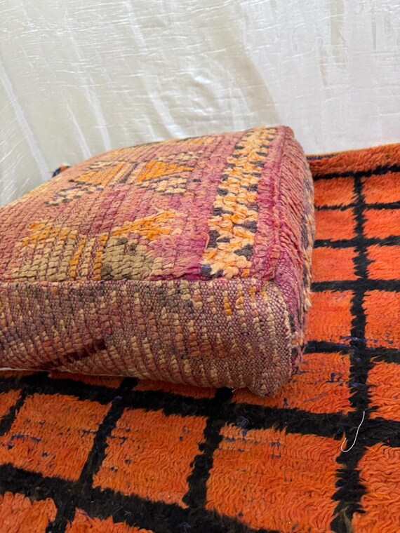 Vintage Moroccan Floor Pouf ;Handwoven Berber Cushion from Boujad Rug ;Boho Tribal Ottoman"