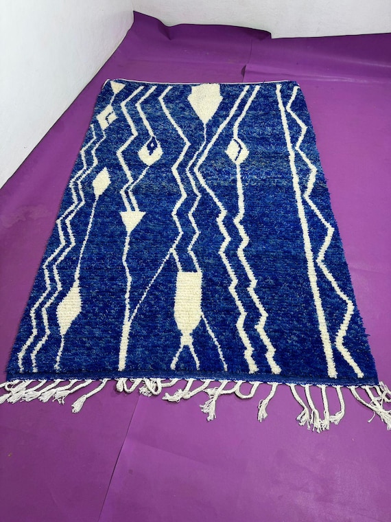 Blue Moroccan Rug | Blue & White Wavy Beni ourain rug | Handmade Striped Area Rug | Custom Berber Wool Rug. Blue