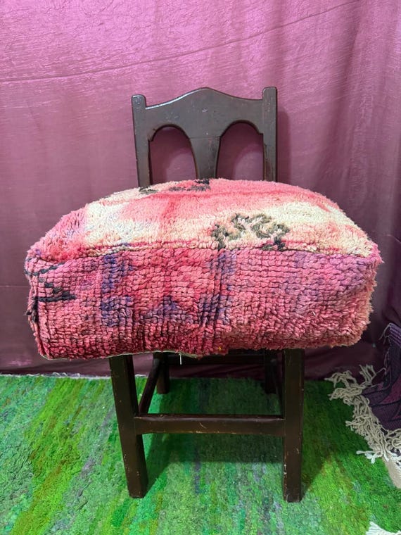 Vintage Moroccan Floor Pouf ;Handwoven Berber Cushion from Boujad Rug ;Boho Tribal Ottoman"