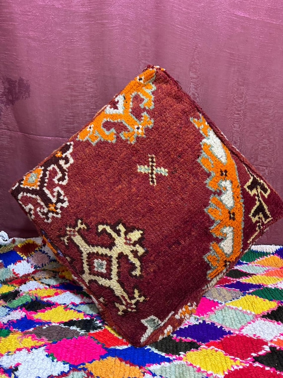 Vintage Moroccan Floor Pouf ;Handwoven Berber Cushion from Boujad Rug ;Boho Tribal Ottoman"