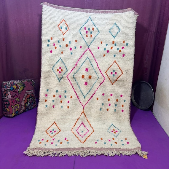 Handmade Beni Mrirt Rug ;Moroccan Wool Berber Carpet; Tribal Boho Style