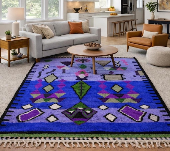 Blue Moroccan Rug | Blue. Wavy Beni ourain rug .Handmade Striped Area Rug .Custom Berber Wool . Rug. Hand made