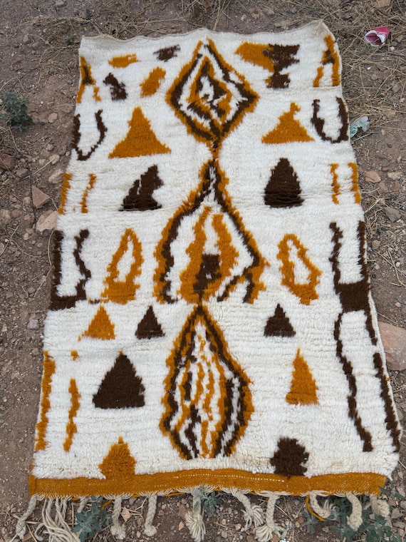 Bohemian Beni Ourain Style Rug – Ivory Base with Brown & Mustard Tribal Motifs | Handmade Wool Art