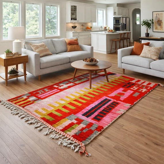 Handwoven Boujaad Rug, Authentic Moroccan Berber Wool, 2x4. custom all size rug. wool.rug.Handmade Wool Berber Rug: Colorful Moroccan Design