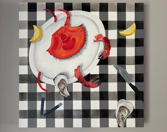 Crab Bake Painting: Coastal Kitchen Mixed Media Art