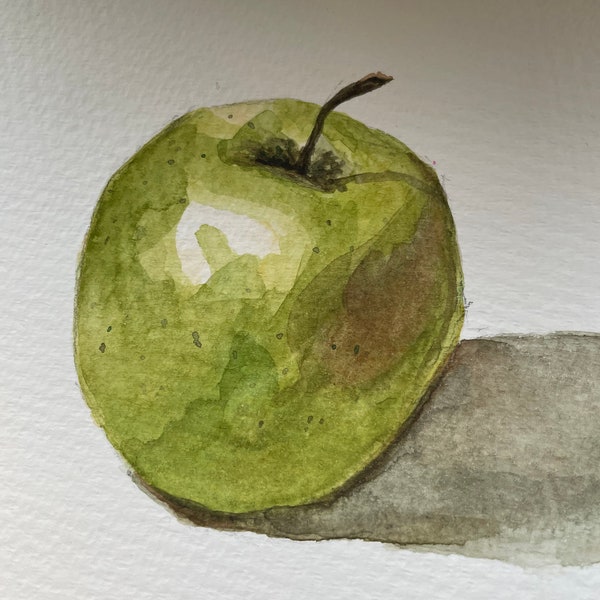Acuarela original Pintura de manzana verde jugosa