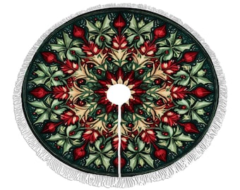 May include: A green and red Christmas tree skirt with a white fringe. The skirt features a mandala design with holly leaves and berries.