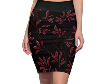Falda lápiz de hojas rojas: elegante estampado botánico, prenda elegante para la oficina