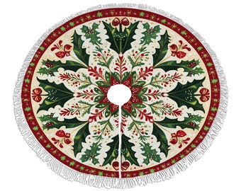 May include: A white Christmas tree skirt with a red and green holly pattern and a white fringe border.