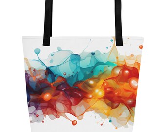 May include: A white tote bag with black handles features a colourful abstract design of swirling, translucent paint in shades of blue, red, orange, and yellow.