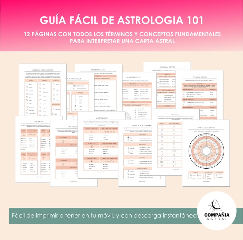 Guía de astrología básica fácil, digital e imprimible, para aprender astrología y sus principales conceptos.