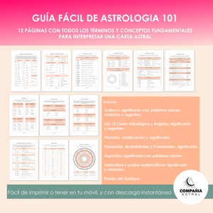 Op de afbeelding: Een roze en witte astrologiegids met de titel "Gu&iacute;a F&aacute;cil de Astrolog&iacute;a 101" en de tekst "12 P&aacute;ginas con todos los t&eacute;rminos y conceptos fundamentales para interpretar una carta astral". De gids bevat informatie over de dierenriem, huizen, planeten, elementen, modaliteiten, polariteiten, aspecten, astero&iuml;den en het wiel van de dierenriem.
