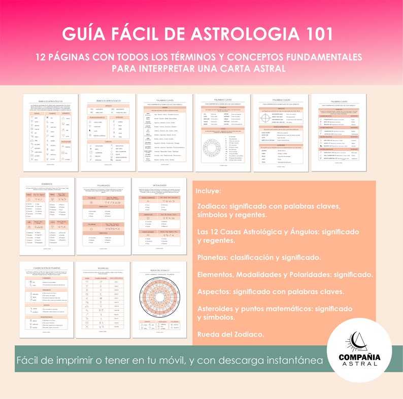 Op de afbeelding: Een roze en witte astrologiegids met de titel "Gu&iacute;a F&aacute;cil de Astrolog&iacute;a 101" en de tekst "12 P&aacute;ginas con todos los t&eacute;rminos y conceptos fundamentales para interpretar una carta astral". De gids bevat informatie over de dierenriem, huizen, planeten, elementen, modaliteiten, polariteiten, aspecten, astero&iuml;den en het wiel van de dierenriem.