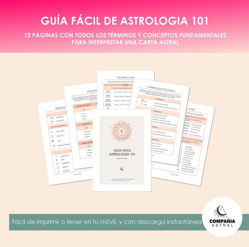 Guía de astrología básica fácil, digital e imprimible, para aprender astrología y sus principales conceptos.