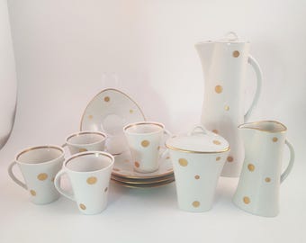 Vintage German Weimar Porzellan Goldpunkte Gold Polka Dot Espresso Set - Coffee Pot, Sugar Bowl, Creamer, and 4 Espresso Cups & Saucers