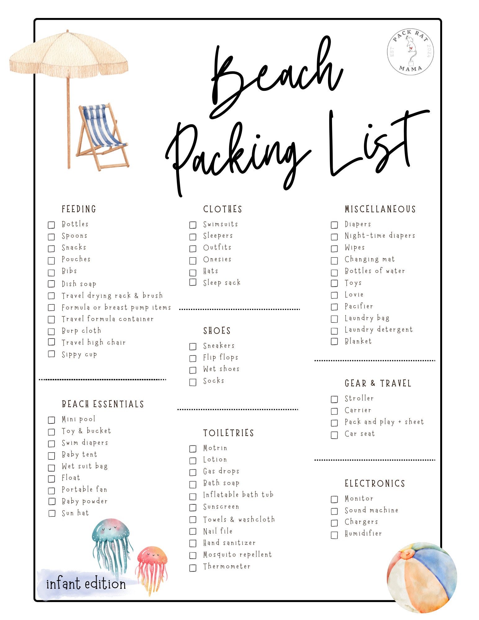 Printable Beach Packing List - Infant Edition - Etsy