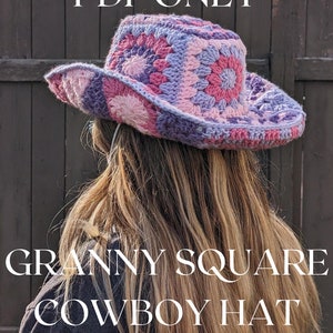 May include: A crochet cowboy hat made with granny squares in shades of pink and purple. The hat is being worn by a person with long blonde hair. The text "PDF ONLY" and "GRANNY SQUARE COWBOY HAT" is visible in the image.