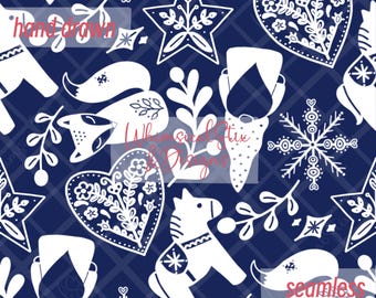 May include: Seamless pattern with white folk art designs on a navy blue background. The pattern includes stars, hearts, snowflakes, foxes, and floral elements. The words "hand drawn" and "seamless" are visible.