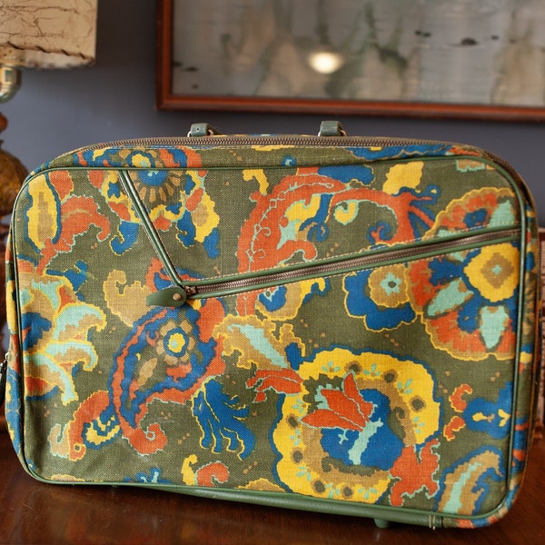 Bagagerie florale Mod Paisley des années 60, 70, porte-documents, sac pour ordinateur portable, bagage à main rétro, valise vintage, fabriqué au Japon