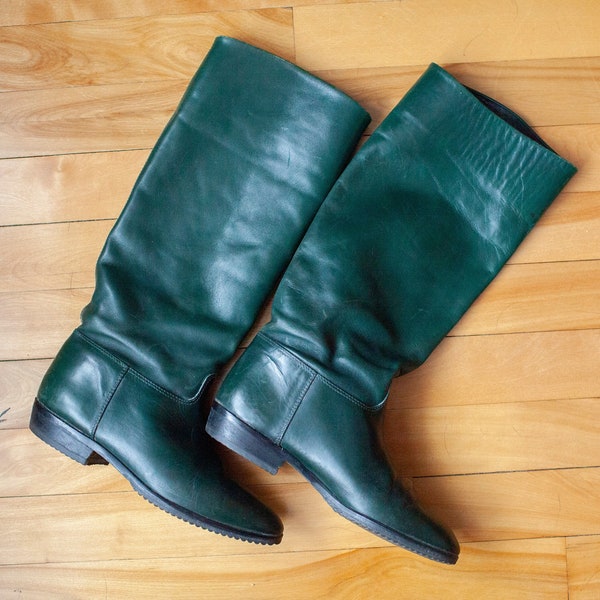 Bottes d'équitation en cuir vert chasseur élastomère vintage des années 1970 fabriquées en Italie taille 38 (taille 7, 7,5)