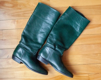 Vintage 1970s Elastomere Hunter Green Leather Riding Boots Made in Italy size 38 (size 7, 7.5)