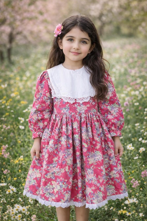 Girls Vintage Pink Floral Prairie Dress – Cottagecore Lace Collar Puff Sleeve (Size 6-8)