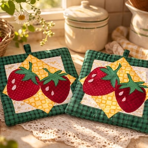 May include: Two square pot holders with a green and white checked border. Each pot holder features a yellow and white diamond pattern with two red strawberries with green stems. A basket of strawberries and daisies are in the background.
