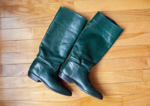 Vintage 1970s Elastomere Hunter Green Leather Rid… - image 1
