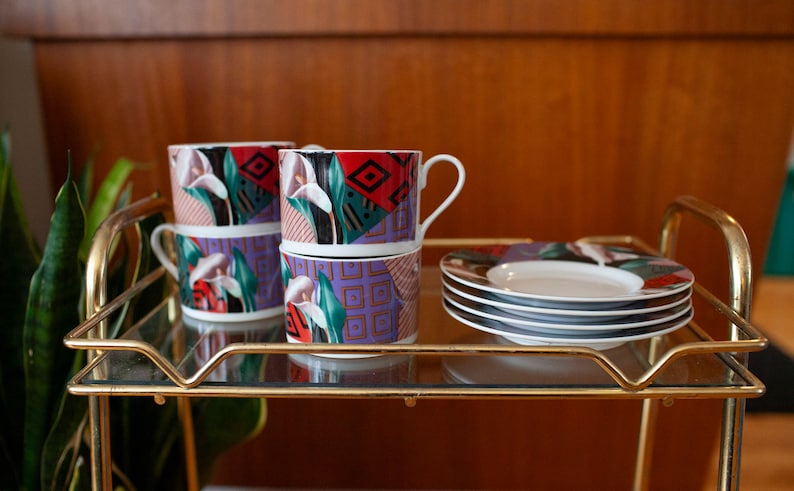 1980s Gallery by Inhesion Art Deco Revival 4 Coffee Cups and Saucers ...