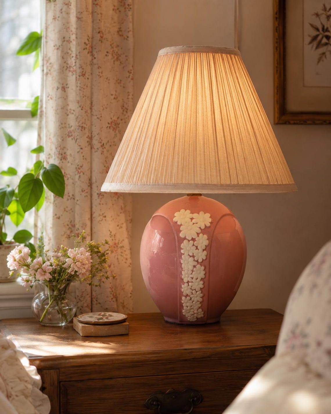 Vintage Pink Ceramic Floral Table Lamp | Cottagecore Bedside Lamp | Romantic Shabby Chic Lighting | Vintage Boho Decor, foto 1 di 5