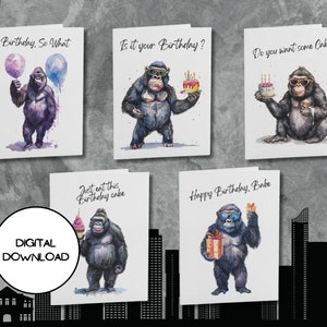 5 digitale grappige Gorilla verjaardagskaartenset l Envelop inbegrepen l King Kong-wenskaartenset l PDF l JPG l 5x7 l 4x6 l Onbeperkt downloaden