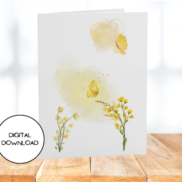 Printable Warm Spring Flower Butterfly Greeting card l Digital Yellow Floral Blank Postcardl Envelop included l Instant Download l 5x7 l 4x6