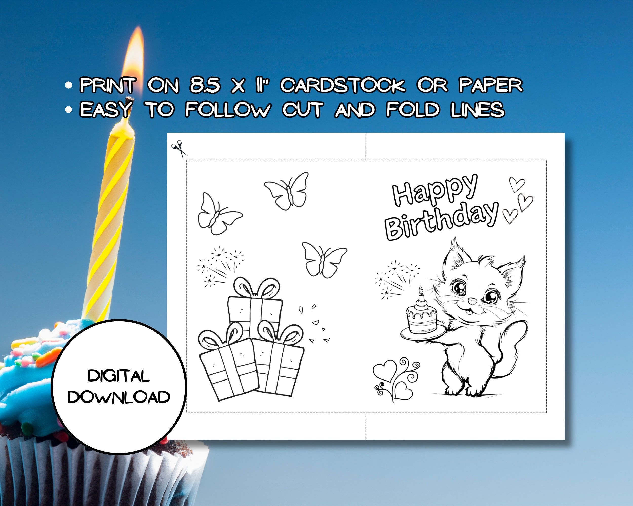 Printable Birthday Cat Card L Cute Cat Holding Birthday Cake L Envelop ...