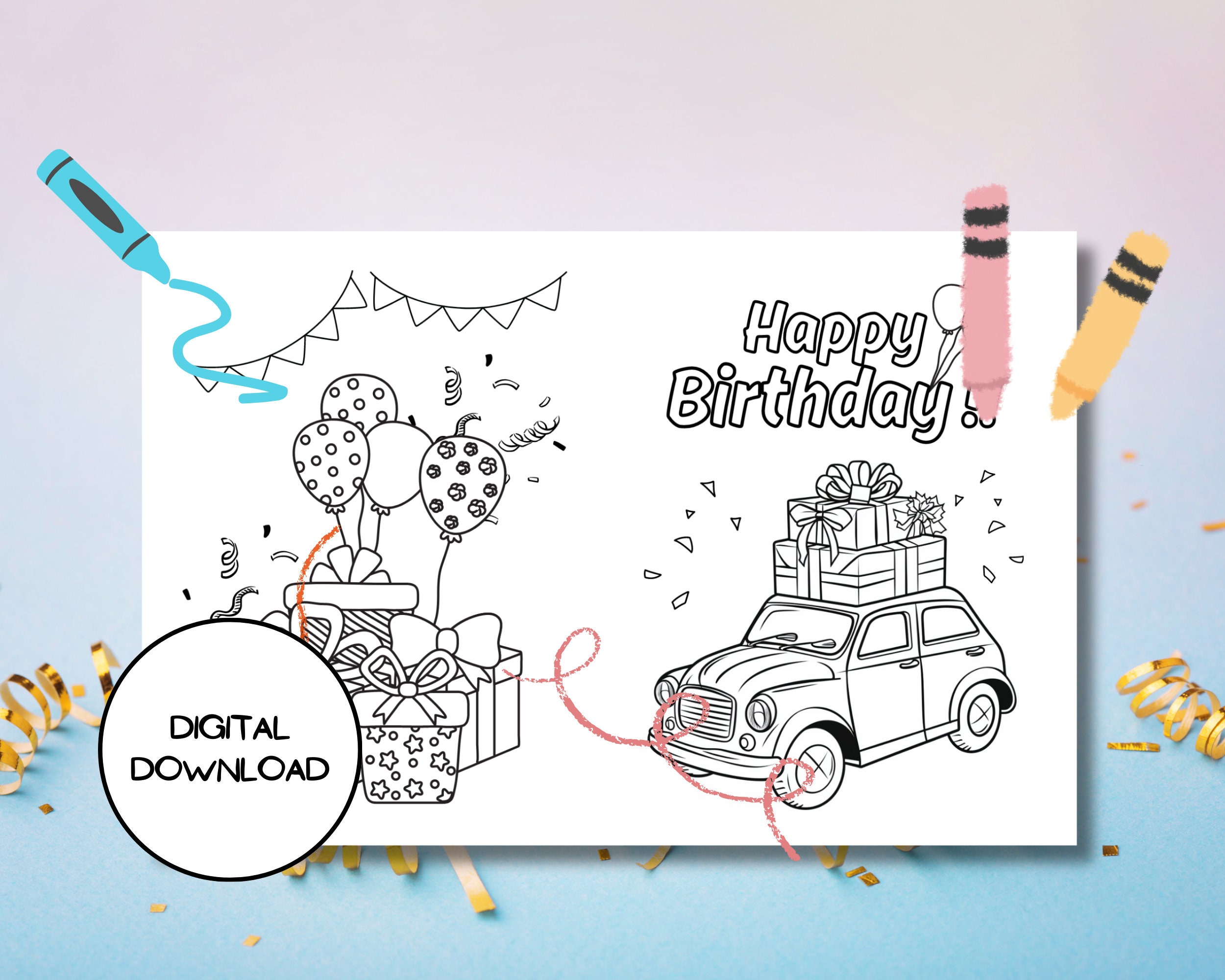 Fun Printable Birthday Card L Digita Coloring Kid Greeting Postcard L ...