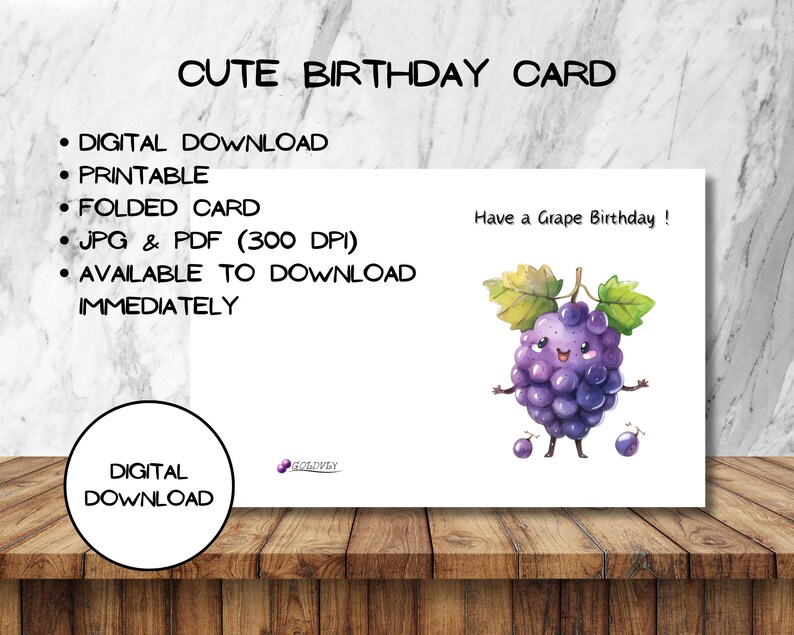 Digital Cute Grape Birthday Card L Funny Greeting Postcard L Envelop ...