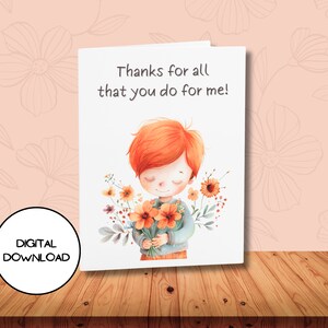 Niedlicher Junge mit Blume, digitale Grußkarte, druckbarer Umschlag inklusive, Aquarell-Design, florales Postkartenpapier, l Liebe Dankesnachricht