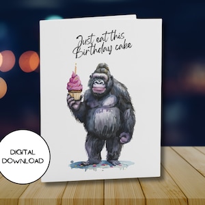 Digitale grappige gorilla-verjaardagskaart l Eat-verjaardagstaart l Envelop inbegrepen l Afdrukbaar l 4 x 6 l 5 x 7 l PDF JPG l Onbeperkte download beschikbaar