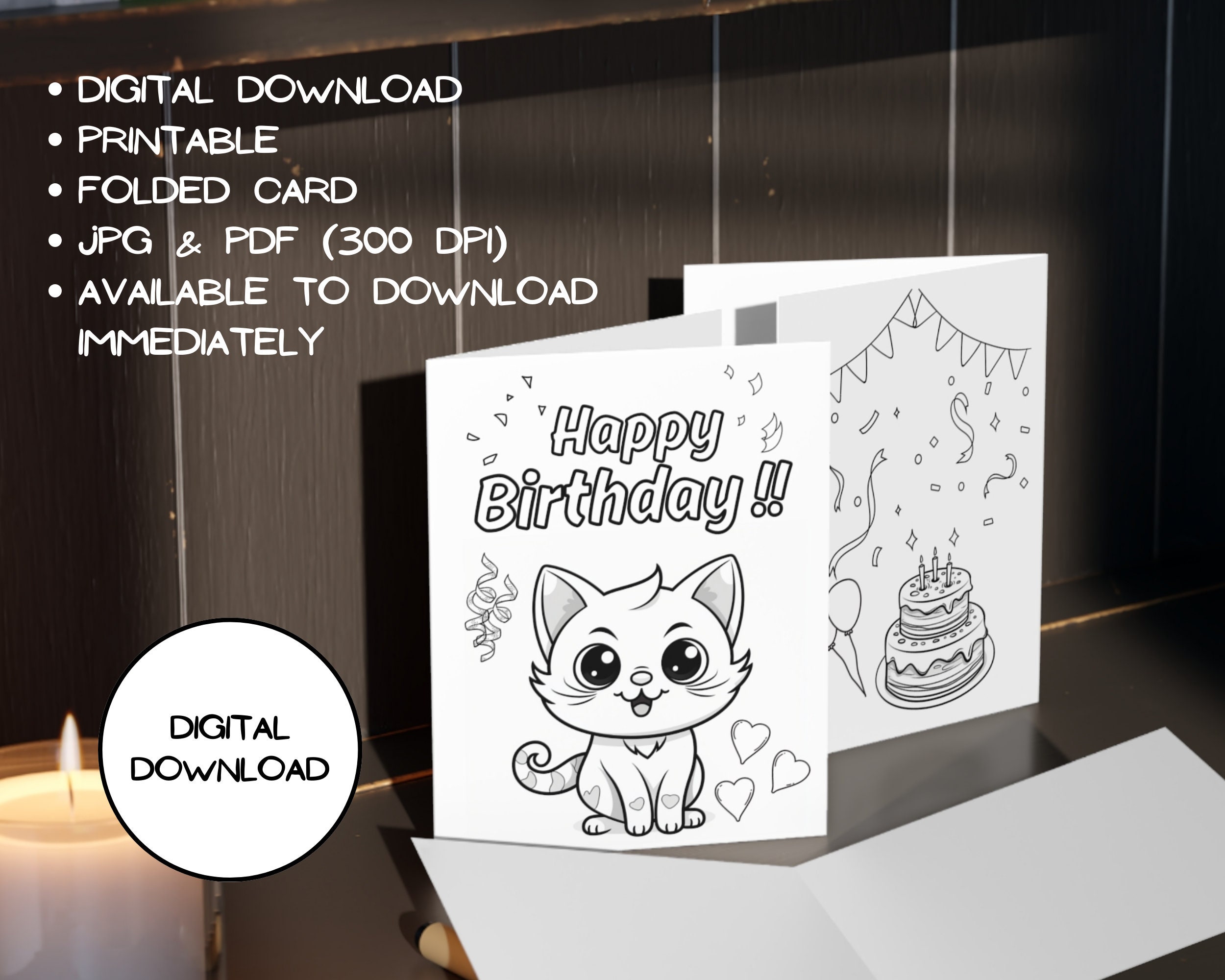 Cute Kids Digital Coloring Birthday Card L Birthday Cat L Digital Card ...