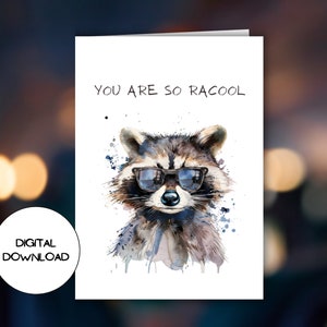 Tarjeta de felicitación digital de mapache divertido l Postal de animal lindo de acuarela imprimible l Sobre descargable incluido l Mensaje divertido en blanco en el interior
