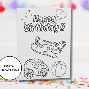 Carte d'anniversaire numérique Happy Toy à colorier l Enveloppe imprimable incluse l Téléchargement immédiat l format lettre l Carte postale de voeux pour enfant mignon