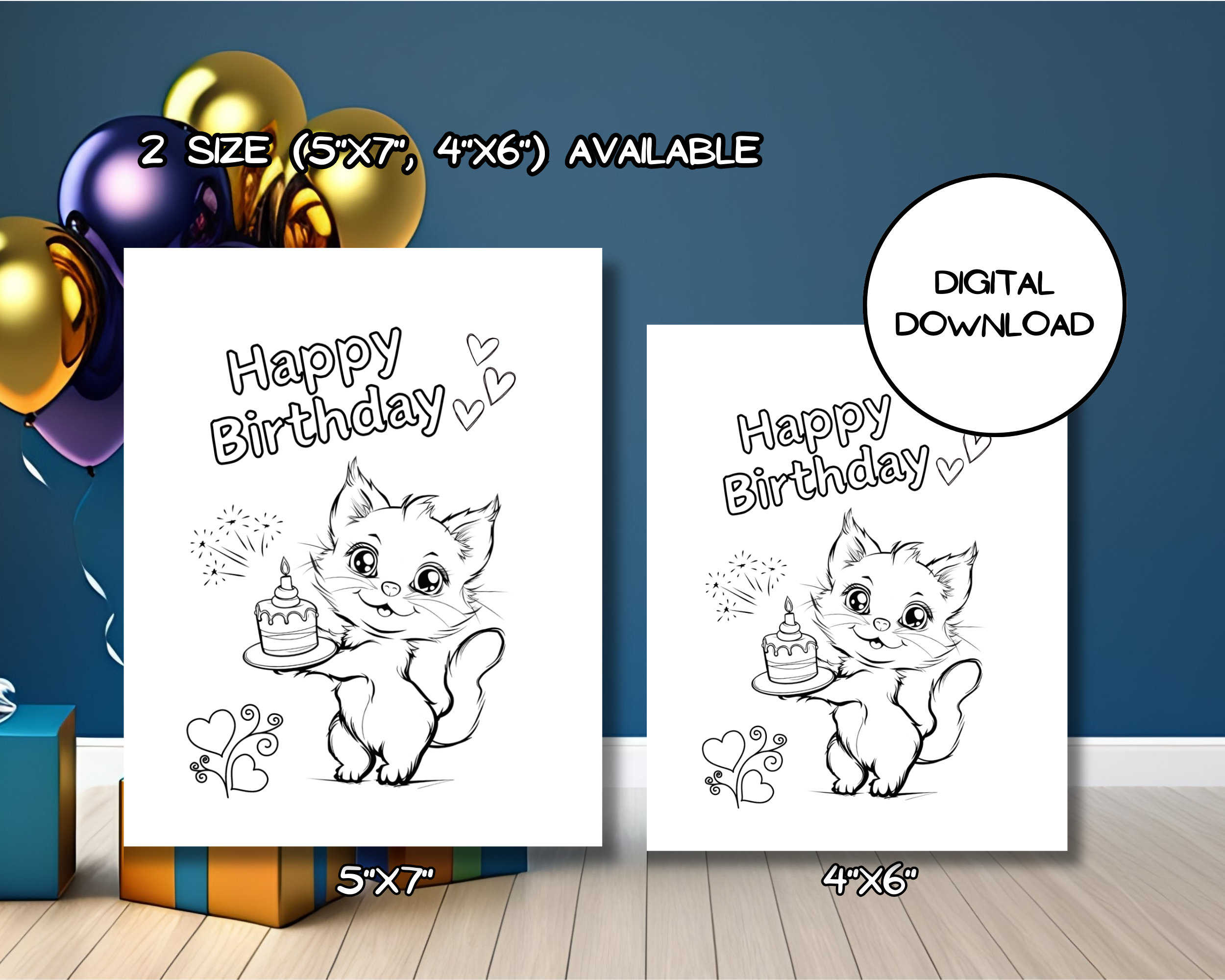 Printable Birthday Cat Card L Cute Cat Holding Birthday Cake L Envelop ...
