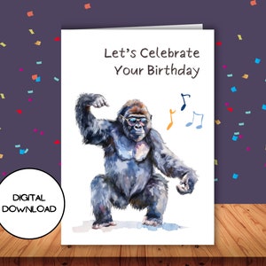 Lustige tanzende Gorilla-Geburtstags-Digital-Karte l druckbarer Umschlag eingeschlossen l Aquarell King Kong Gruß-Postkarte l lustiger herunterladbarer Brief